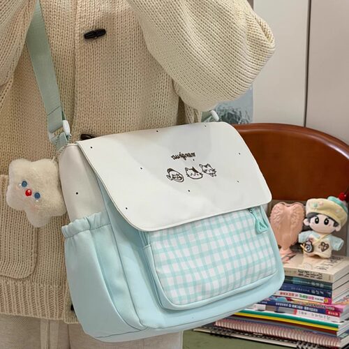 日系可爱少女邮差包包女百搭休闲帆布包大容量学生上课单肩斜挎包 - 图0