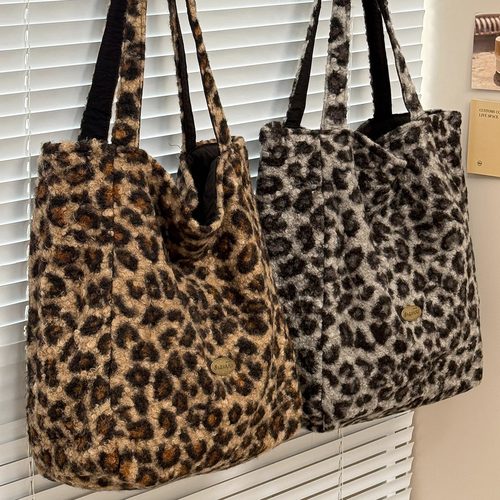 秋冬复古双面背帆布包 ins风豹纹毛绒单肩包学生大容量托特包包女 - 图3