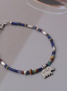 小北羊原创设计手链西亚古珠老琉璃泰国小象纯银印花手工手串小众