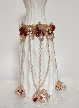 汉服配饰铜镀金暗红色戒指手镯一体式华丽百搭原创保色古风手镯