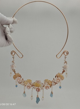 闲时原创汉服配饰蝶贝淡水珍珠海蓝宝项圈璎珞百搭富贵华丽款铜镀