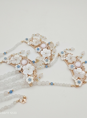 闲时原创汉服配饰古风蝶贝海蓝宝玛瑙流苏软璎珞项链百搭日常款铜