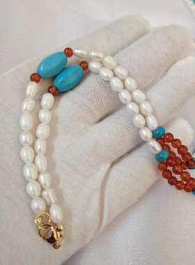 原创闲时汉服配饰仿松石淡水珍珠红玛瑙软璎珞项链唐风战国袍璎珞