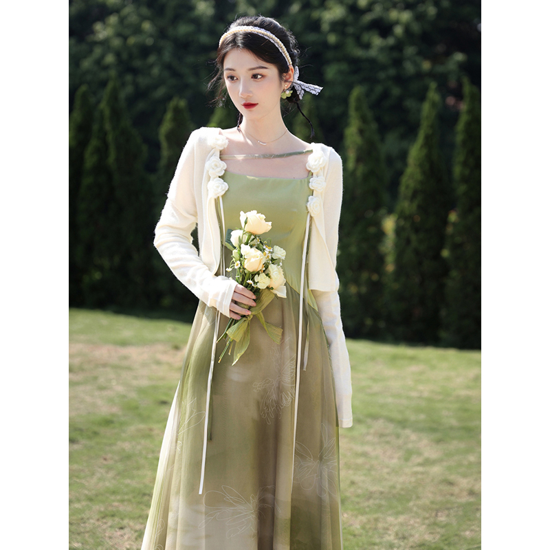 新中式女装国风套装仙气超仙森系绿色水墨晕染吊带连衣裙两件套裙 - 图1