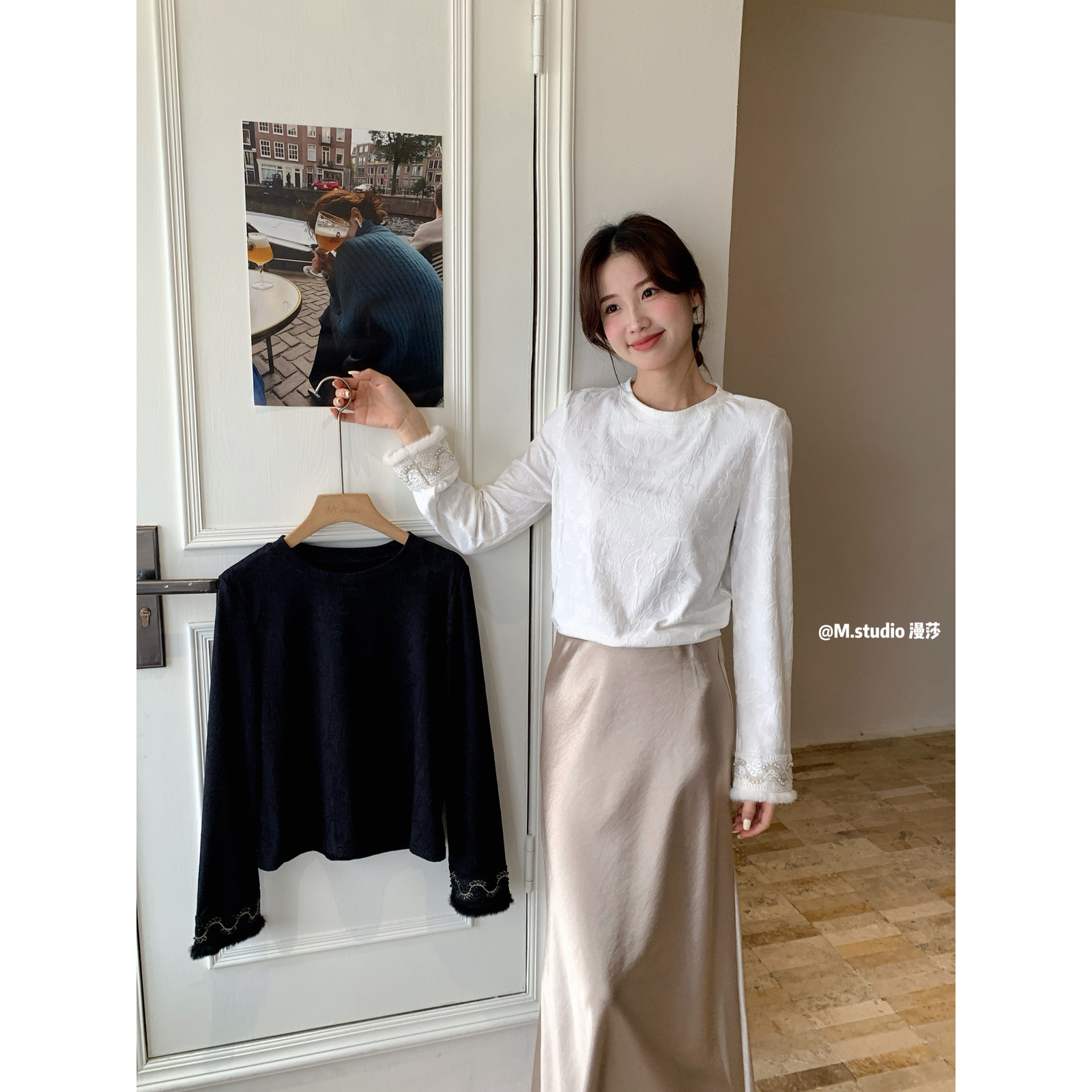 MSTUDIO漫莎-穿珠刺绣拼毛袖口磨毛加厚钩花国风新中式百搭打底衫,淘宝优惠券,粉丝福利购,淘宝优惠卷