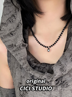 CICI高级手工串珠项链女轻奢高级黑色珠子锁骨链百搭颈链水滴吊坠