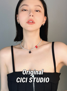 CICI STUDIO小众高级红色米奇珍珠项链女可爱百搭时尚甜酷多巴胺