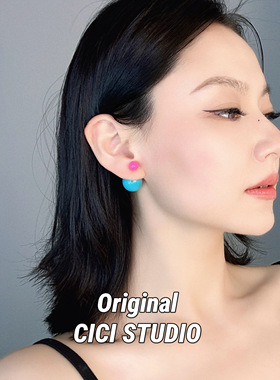 CICI STUDIO小众精工多巴胺蓝色玫红色撞色圆球耳钉女甜美Y2K耳饰