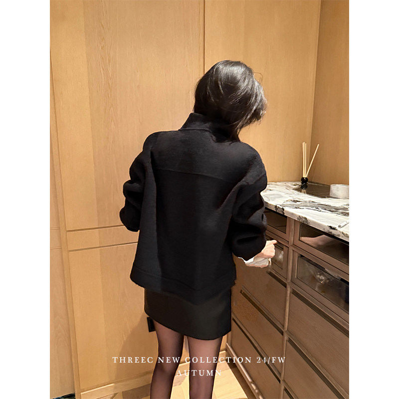 三喜threec 本期推极简特色 小版型双面羊绒外套女老钱风短款夹克,淘宝优惠券,粉丝福利购,淘宝优惠卷