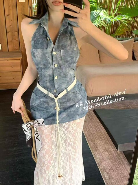 KK.wonde ໃຫມ່ sleeveless denim halter top with lace skirt two-piece sexy suit for women