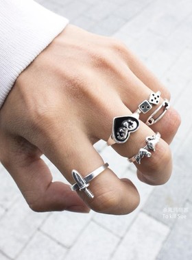 无性别vintage做旧古银戒指套装