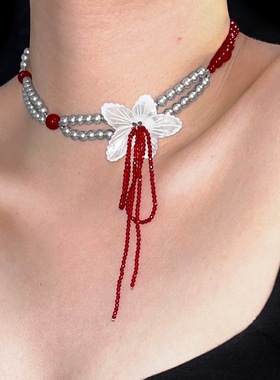 双层叠戴锁骨链复古红灰色串珠花朵流苏项链女小众设计感拼接颈链