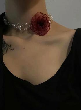 玫瑰花朵绑带系花choker颈链法式浪漫破碎感纯欲项圈绝美发夹头饰