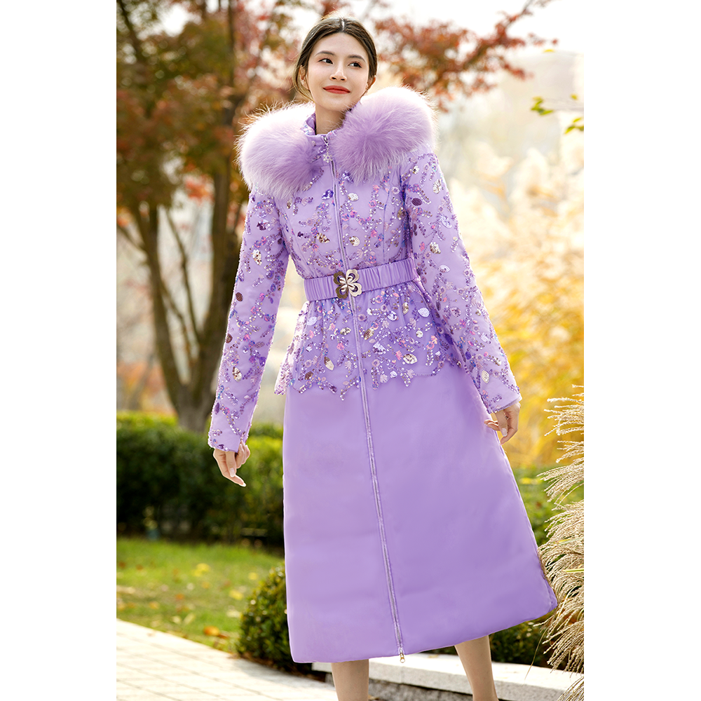 美妃紫色毛领中长款高端奢华羽绒服女款2023年新款冬季小众设计感