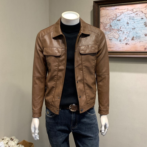 皮衣男加绒加厚春秋冬季翻领皮外套青年潮工装机车皮夹克春季男装 - 图1
