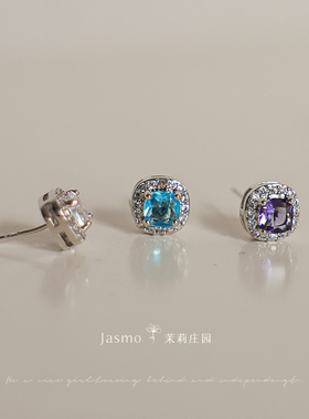 简约日常彩色锆石纯银针耳钉女