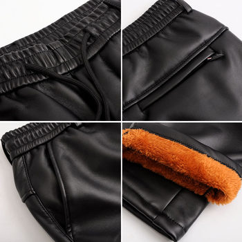 Autumn and winter thickened plus velvet all-in-one cycling windproof leather pants for men waterproof elastic waist elastic slim fit PU small leg pants