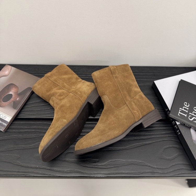 欧洲站套筒短靴女2025秋磨砂真皮马丁靴低跟圆头西部靴青年靴子女,淘宝优惠券,粉丝福利购,淘宝优惠卷