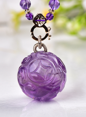 天然巴西紫水晶九尾狐吊坠手工精雕立体紫晶球狐狸原创设计项链