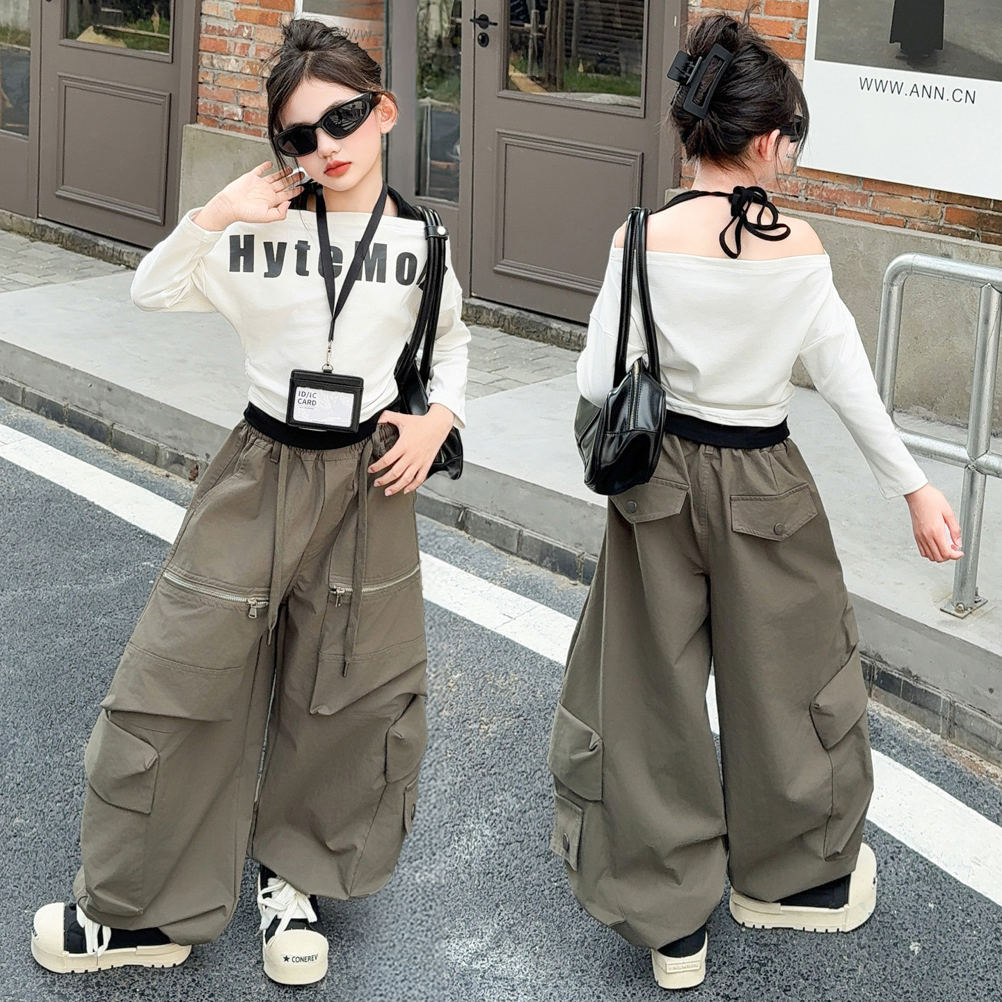 童装女童假两件长袖T恤显瘦爵士舞潮服时尚炸街大口袋工装裤走秀,淘宝优惠券,粉丝福利购,淘宝优惠卷