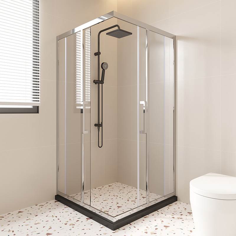 l型淋浴隔断不锈钢直角玻璃浴屏卫生间干湿分离简易推拉门淋浴房 - 图0