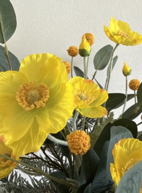 INS风仿真虞美人花束 黄色黄金球尤加利叶 家居装饰直播间样板间