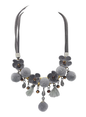 夸张花朵民族风毛球流苏编织项链