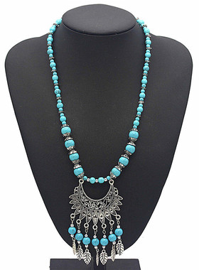 西藏尼泊尔绿松石树叶长款毛衣链