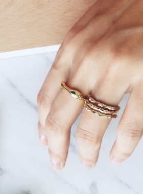 轻奢竹节复古浅金色开口锁链戒指