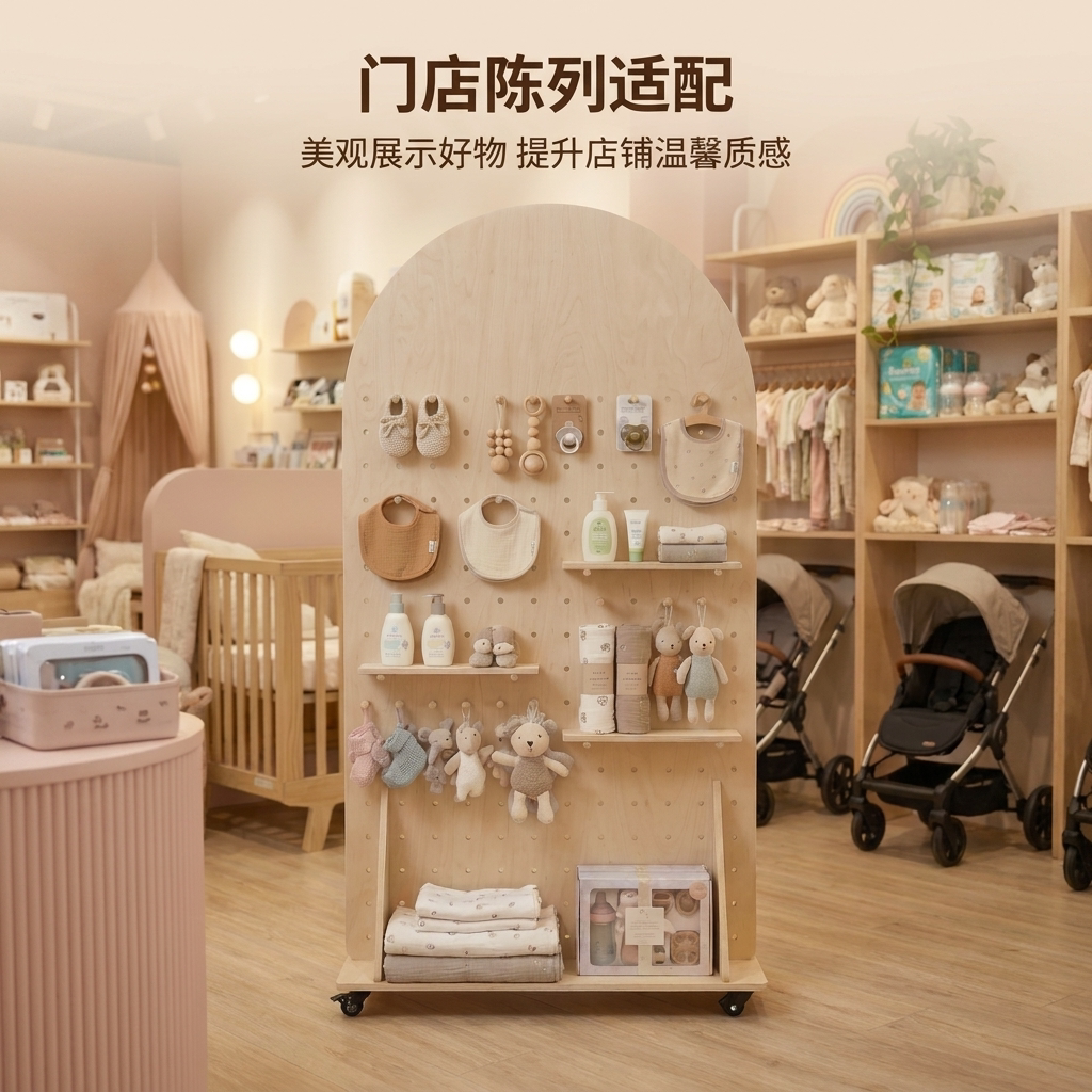Customized maternity and baby shop special perforated board removable wood grain white wooden product display rack