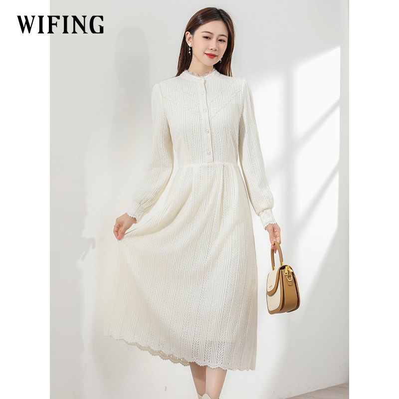 未风杏色蕾丝连衣裙秋冬新款女装轻奢长袖内搭裙子配大衣冬裙长裙 - 图2