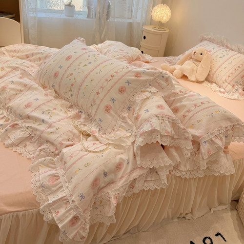 仙女款花边全棉四件套裸睡亲肤公主风床裙款纯棉1.8m少女心床品 - 图1