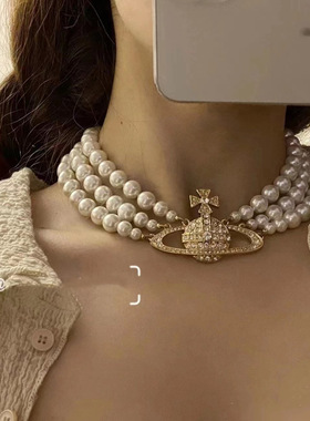 2025新款欧美时尚三层多层珍珠重工土星项链choker锁骨复古颈链女