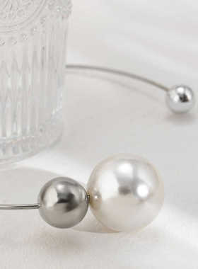 新款欧美跨境饰品金色珍珠项圈开口圆环不对称简约时尚圆珠项链女