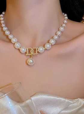 韩国ins风简约个性项链镶钻珍珠拼接短款颈链网红气质设计感项饰