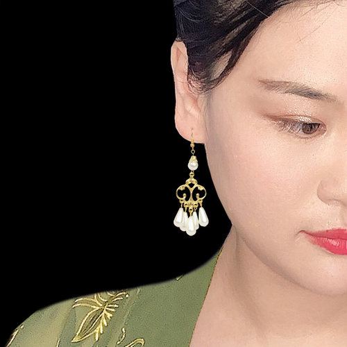古风汉服配饰百搭金色仿珍珠耳环宫廷风流苏耳饰敦煌供养人耳坠女 - 图2