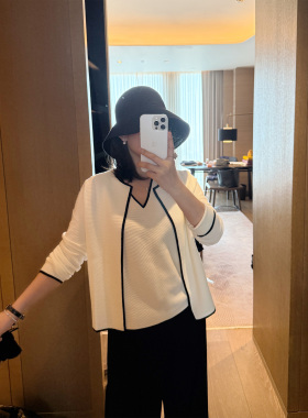 LORRAINES 法式通勤-真丝羊毛混纺香风黑白撞色V领背心开衫两件套