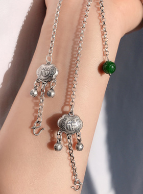 999足银复古项链 文艺平安锁古风搭配毛衣链吊坠 手工纯银配链