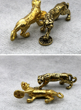 纯黄铜实心复古做旧老虎钥匙扣挂件百兽之王生肖虎小摆件吊坠挂饰