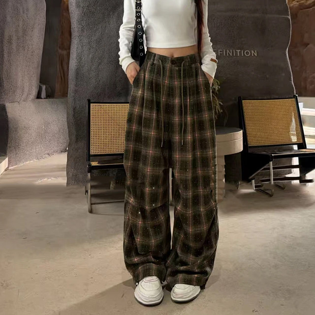 (Trendy Plaid) 2026 ຮູບແບບໃຫມ່ຂອງເກົາຫຼີແບບດ່ຽວແບບເພັດຮ້ອນ Plaid ອອກແບບ slimming wide-leg Pants Casual Pants