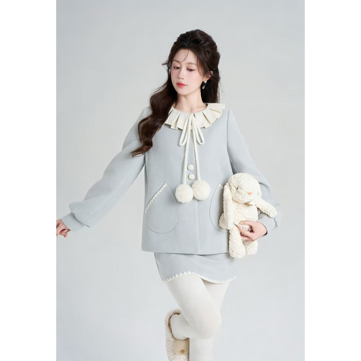 Palglg甜美风蓝色小香风毛呢外套女套装冬富家千金风半身裙两件套,淘宝优惠券,粉丝福利购,淘宝优惠卷