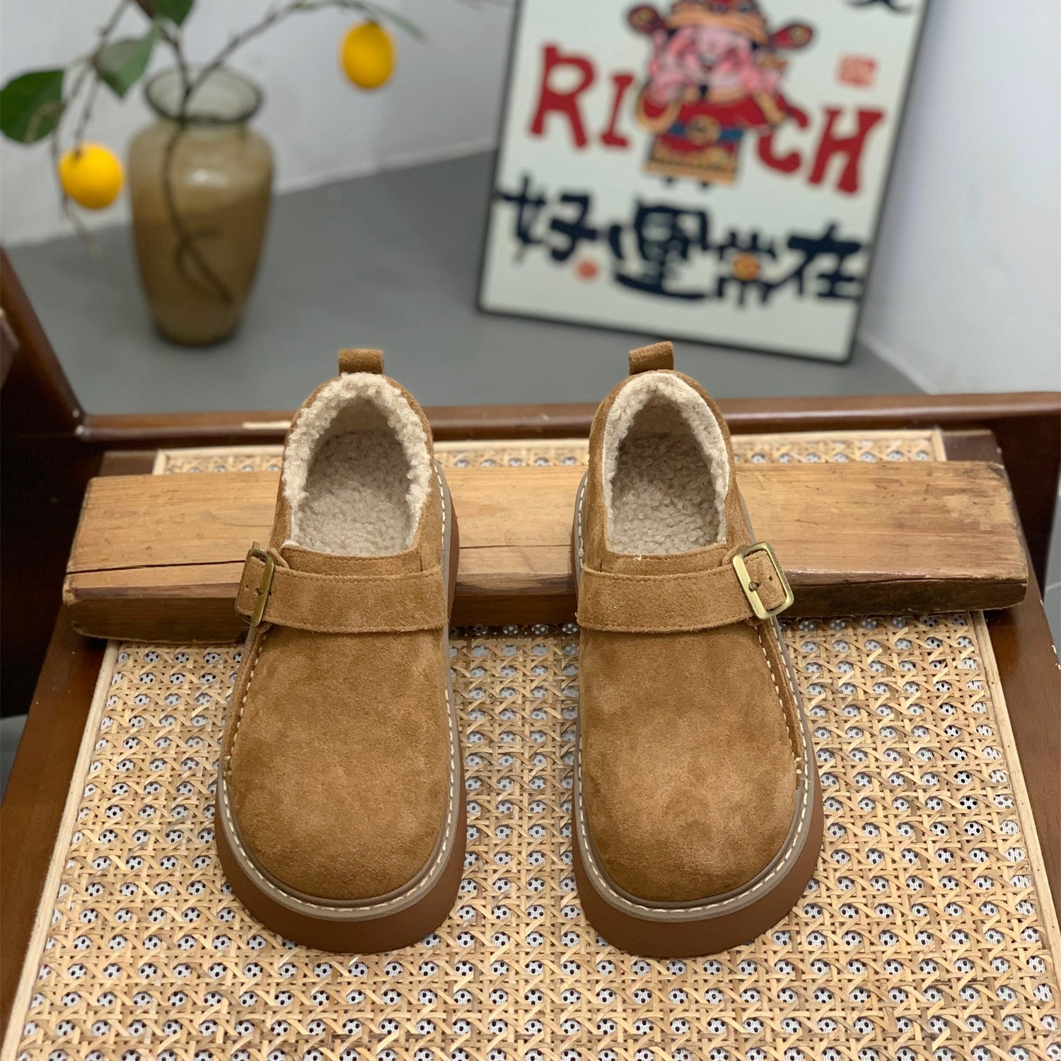 羊羔毛厚底真皮勃肯鞋女2025冬季新款一脚蹬复古增高保暖博肯棉鞋,淘宝优惠券,粉丝福利购,淘宝优惠卷