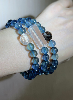 天然海蓝宝三圈手串手链晶体通透干净魔鬼蓝深海蓝色