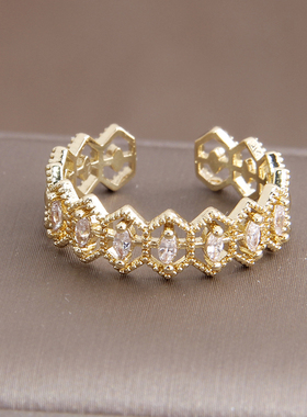 菲颜施女铜镶锆甜美蕾丝开口戒指