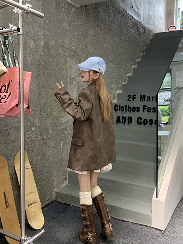 复古感擦色做旧哑光鳄鱼纹皮衣休闲西装女春秋宽松棕色西服外套 - 图2