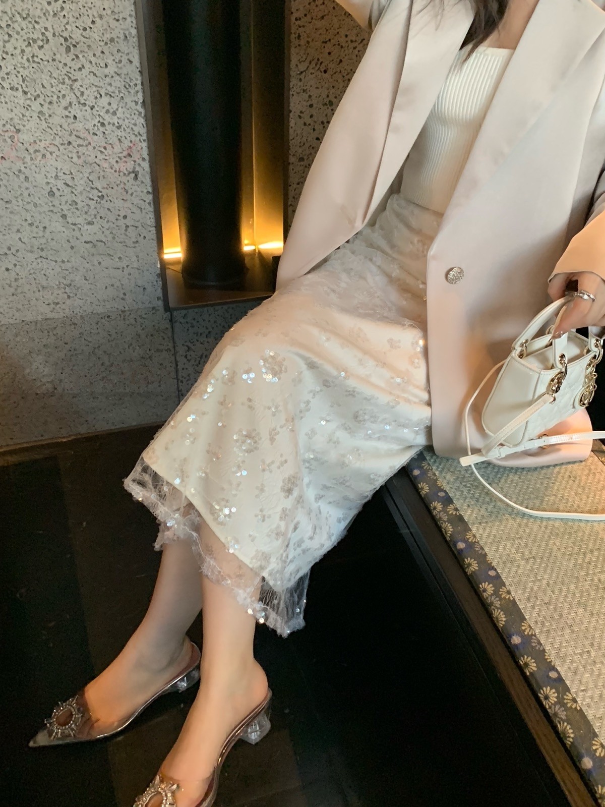 仙女半身裙女春季新款高腰直筒亮片网纱双层H型混搭半裙高级感