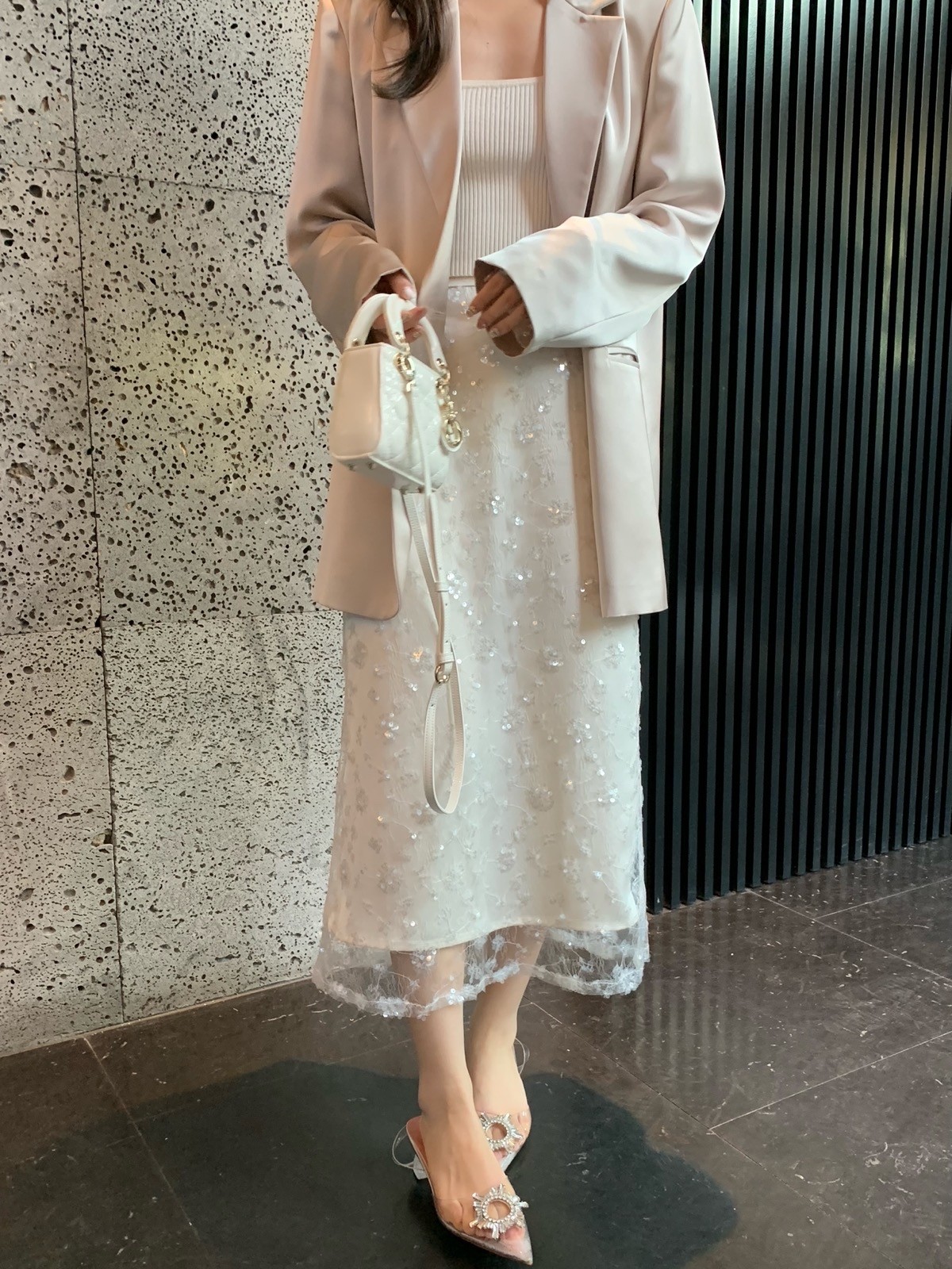 仙女半身裙女春季新款高腰直筒亮片网纱双层H型混搭半裙高级感