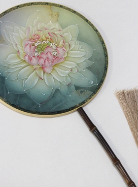 原创 国画工笔画团扇宫扇白描底稿荷花圆形小品线稿花卉白描稿
