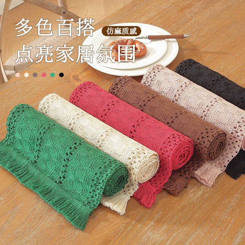 复古高级茶席镂空仿棉麻桌旗电视柜茶几长条桌布禅意中古盖布餐垫 - 图2