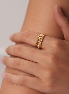 欧美INS男女士手指戒指钛钢电镀18k金不锈钢麻花链条开口戒指饰品